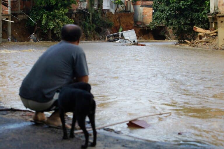 A man with his dog looks on a vehicle submerged in water during a big flood due to heavy rains in Duque de Caxias Rio de Janeiro state Brazil