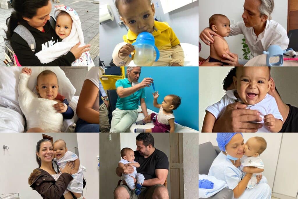 collage of many babies after corrective erb's palsy surgeries with their parents and doctor in latin america. specifically costa rica